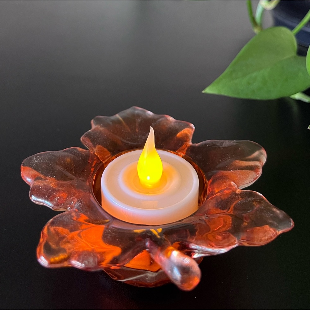 2 of 2 Vintage Fall Orange Maple Leaf Shaped Glass Tealight Votive